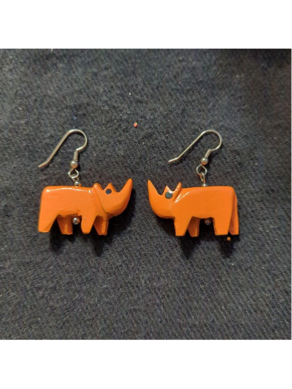 Vintage Silver Tone Orange Wooden Rhino Rhinoceros Statement Earrings.